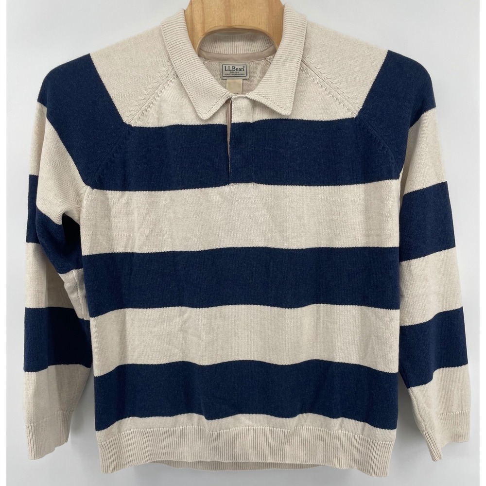 L.L. Bean Polo Sweater Mens XXL Regular Cream Navy Blue Cotton Cashmere Striped